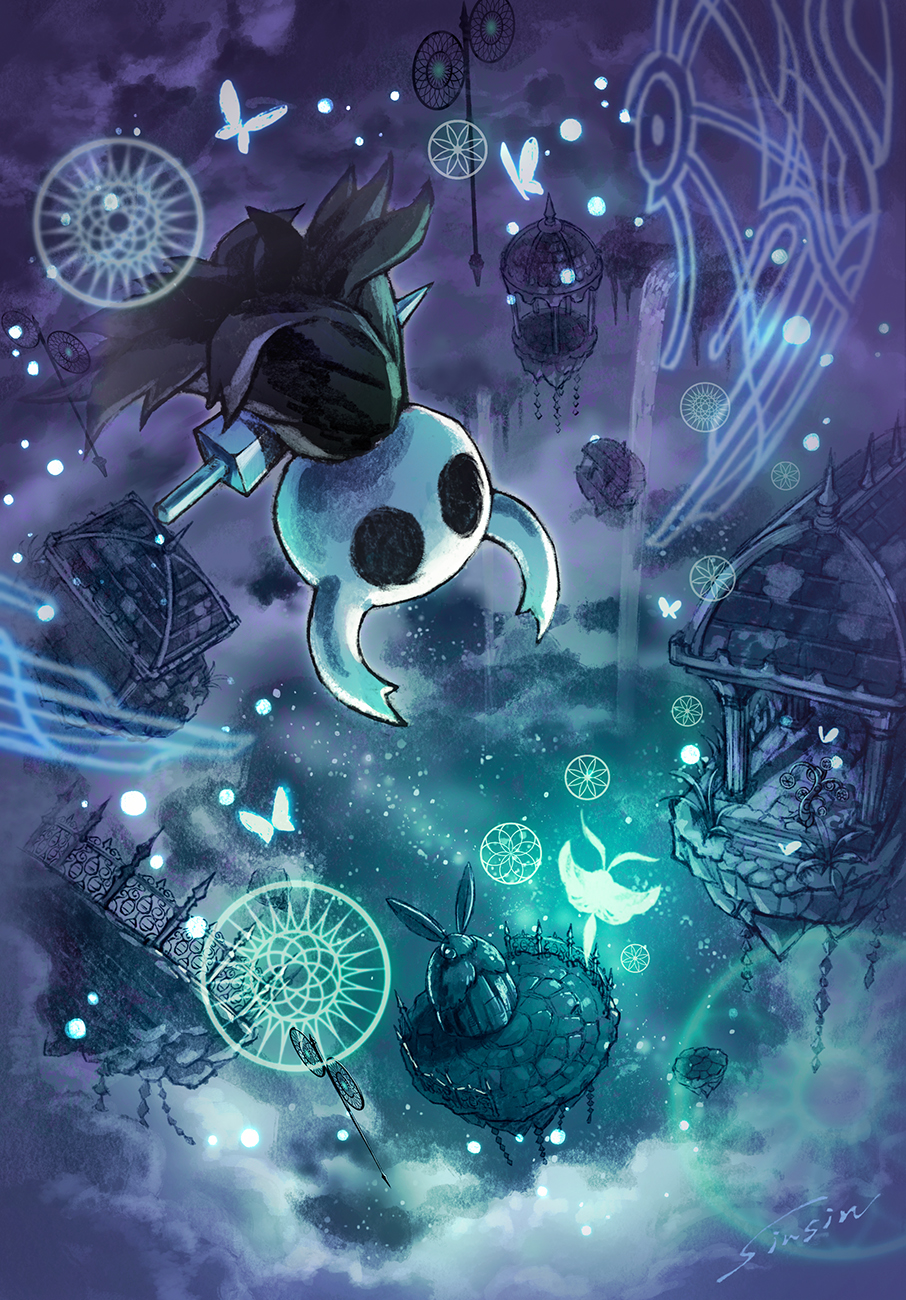 1girl, 1other, arthropod_girl, bug, butterfly, commentary, dreaming, grey_cloak, highres, hollow_eyes, hollow_knight, horned_mask, knight_(hollow_knight), mamoru_mikokoro, mask, moth, moth_girl, nail_(hollow_knight), seer_(hollow_knight), signature, upside-down, white_mask