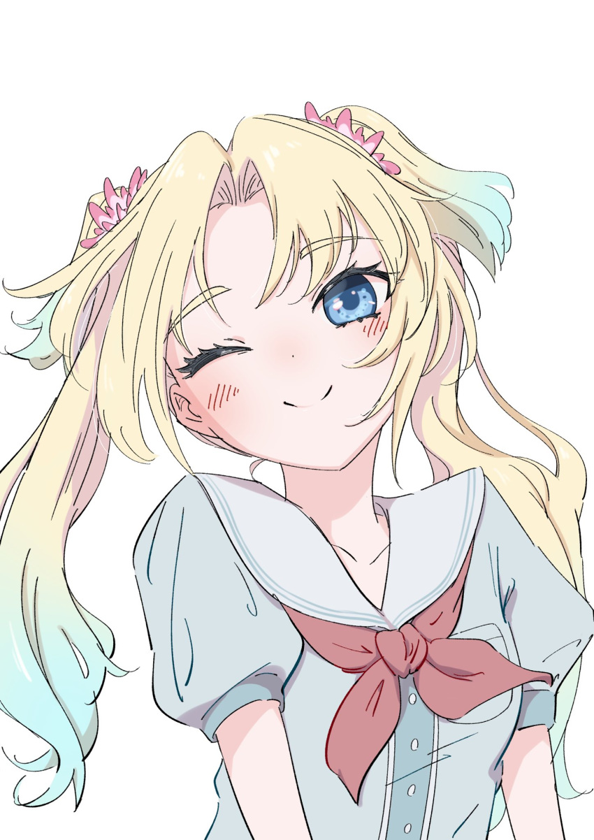 1girl, ;), blonde_hair, blue_eyes, blue_hair, blush, breast_pocket, closed_mouth