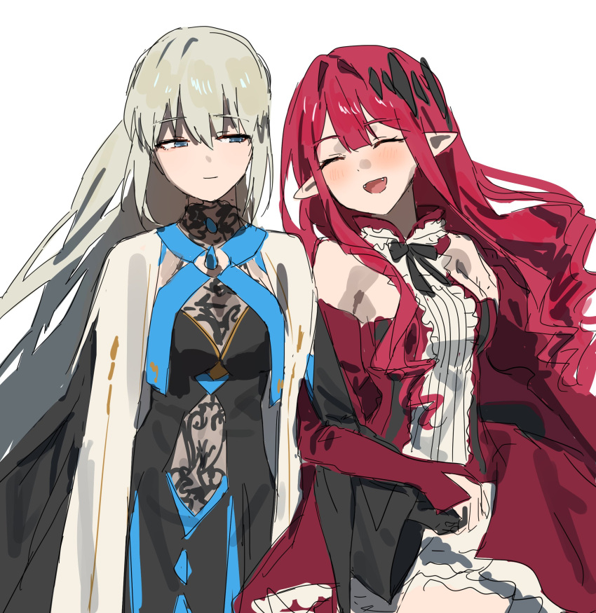 2girls, absurdres, baobhan_sith_(fate), baobhan_sith_(first_ascension)_(fate), black_dress, blue_eyes, blush, closed_eyes, dress, fate/grand_order, fate_(series), fgo_gwa, hair_between_eyes, highres, long_hair, morgan_le_fay_(fate), morgan_le_fay_(queen_of_winter)_(fate), mother_and_daughter, multiple_girls, open_mouth, pink_hair, pointy_ears, ponytail, sharp_teeth, smile, spikes, teeth, two-tone_dress, very_long_hair, white_background, white_hair