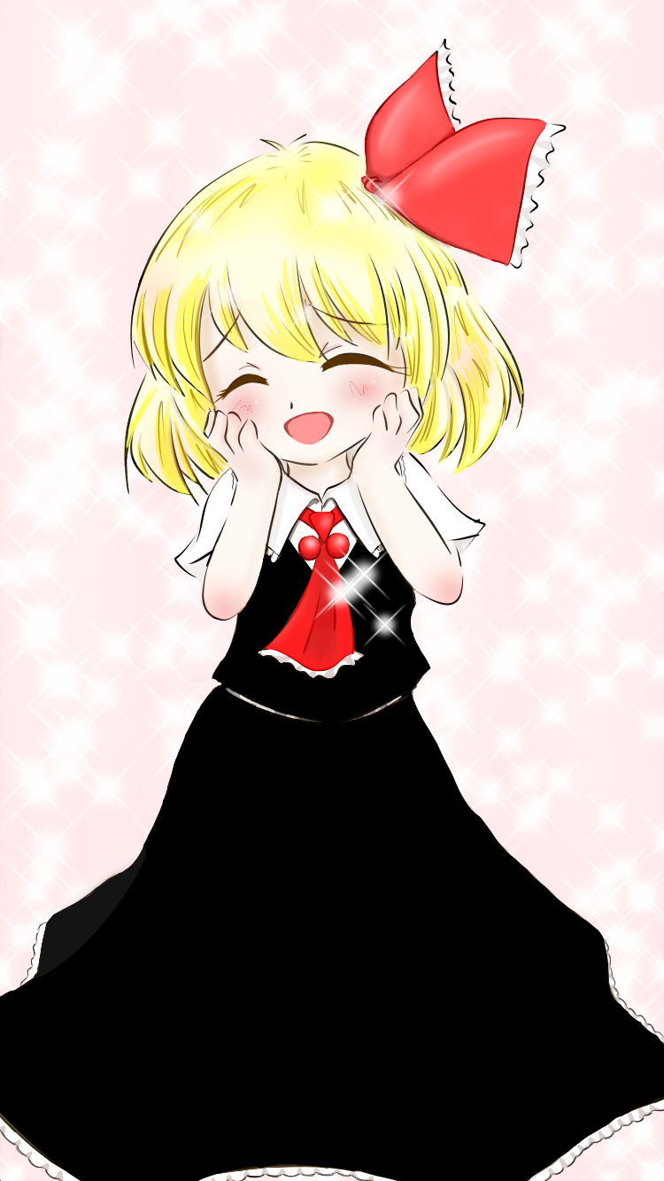 1girl, 4183rumia, ascot, black_skirt, black_vest, blonde_hair, blush, closed_eyes, hair_ribbon, hands_on_own_face, hands_up, happy, highres, open_mouth, pink_background, raised_inner_eyebrows, red_ribbon, ribbon, rumia, shirt, short_hair, skirt, smile, solo, sparkle, sparkle_background, touhou, vest, white_shirt