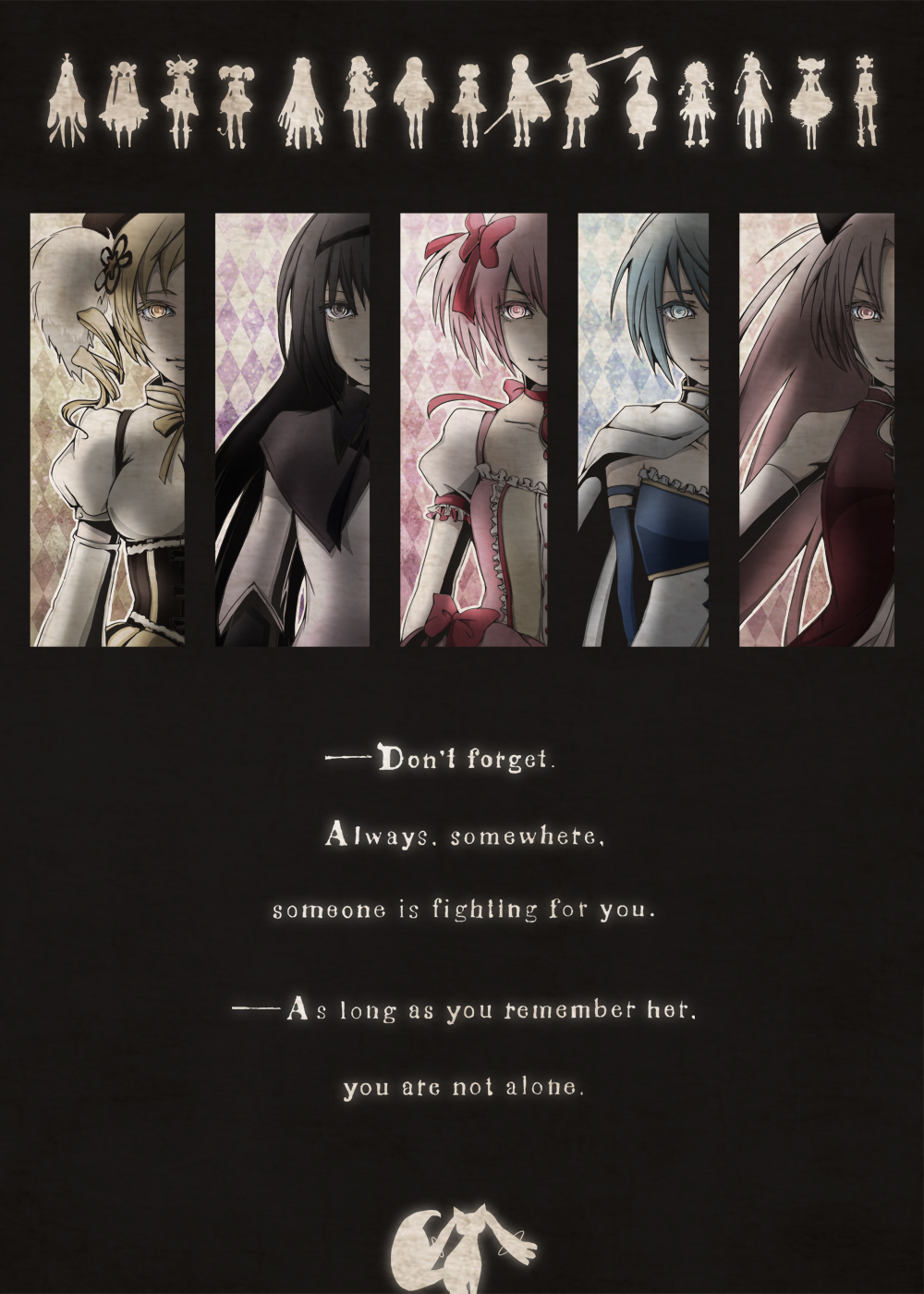 bad_id, black_hair, blonde_hair, blue_eyes, blue_hair, cape, character_request, drill_hair, english, highres, kaname_madoka, kyubey, long_hair, magical_girl, mahou_shoujo_madoka_magica, miki_sayaka, multiple_girls, pink_eyes, pink_hair, ponytail, purple_eyes, red_eyes, red_hair, redhead, sakura_kyouko, short_hair, spoilers, tomoe_mami, tor, violet_eyes