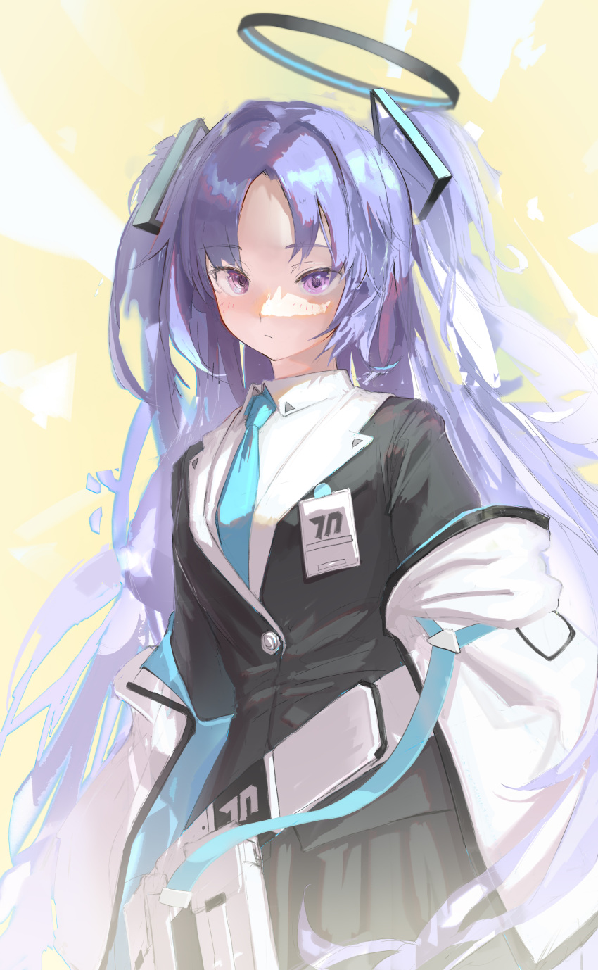 1girl, absurdres, black_halo, black_jacket, black_skirt, blue_archive, blue_necktie, blush