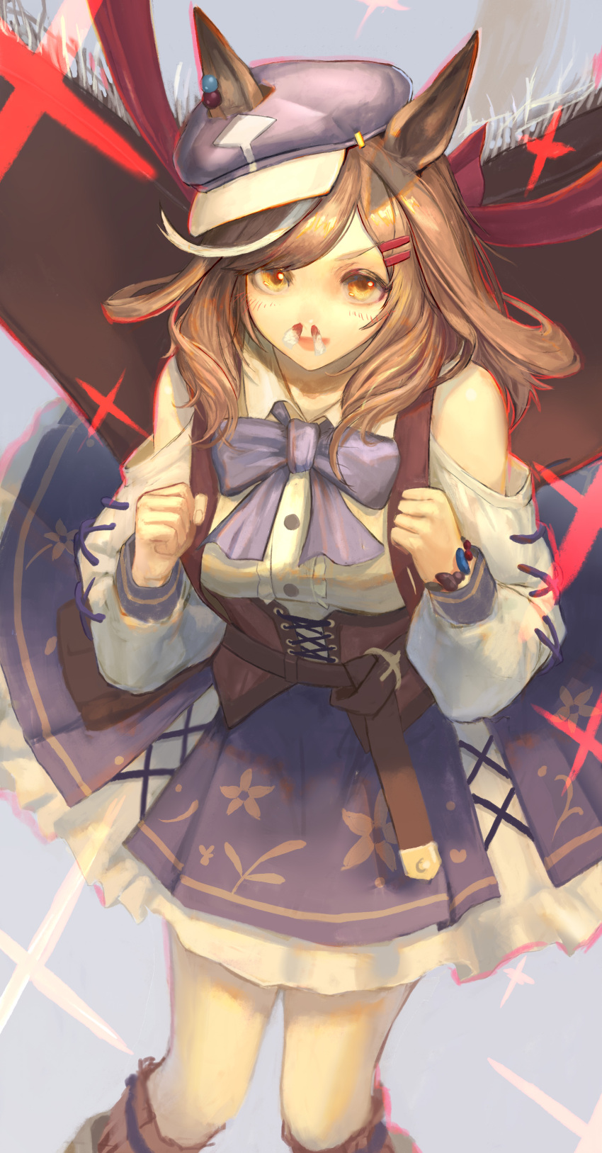 1girl, absurdres, animal_ears, bare_shoulders, blood, blue_skirt, blush, bow