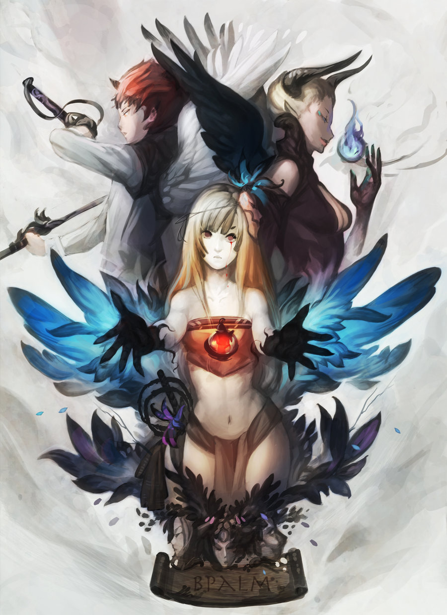 bangs, bare_shoulders, blonde_hair, blood, bloody_tears, blue_fire, blue_flame, breasts