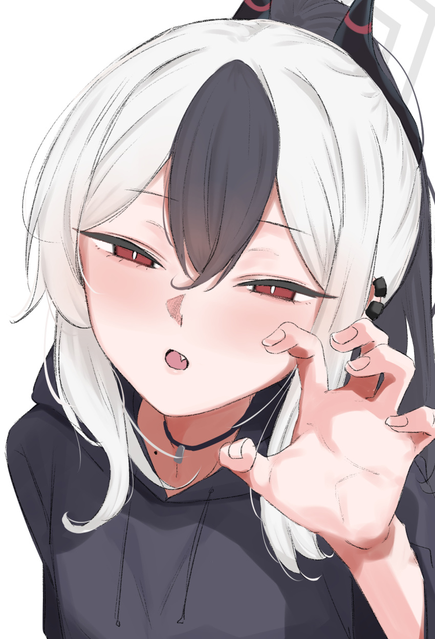black_hair, blue_archive, blush, breasts, demon_girl, demon_horns, fang, gao