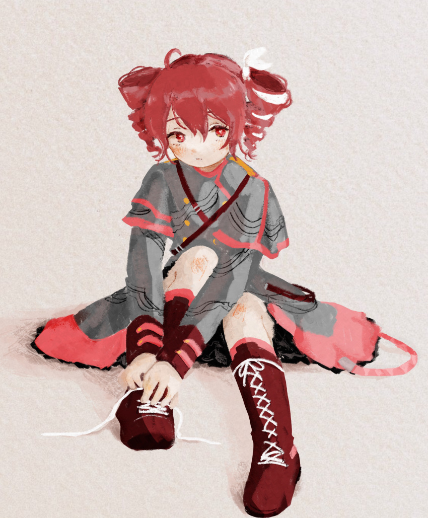 1girl, blush, boots, closed_mouth, drill_hair, grey_jacket, grey_skirt, hair_between_eyes