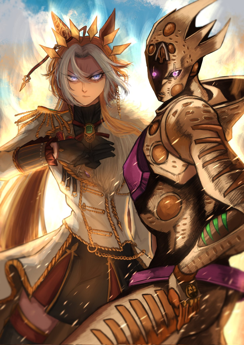 1boy, 1girl, ahoge, animal_ears, belt, blonde_hair, blue_eyes, commentary, giorno_giovanna's_pose_(jojo), glaring, gold_experience_requiem, hair_between_eyes, hair_ornament, hasewo, highres, horse_ears, horse_girl, jojo_no_kimyou_na_bouken, jojo_pose, looking_at_viewer, orfevre_(umamusume), serious, sky, stand_(jojo), staring, thigh-highs, umamusume, vento_aureo
