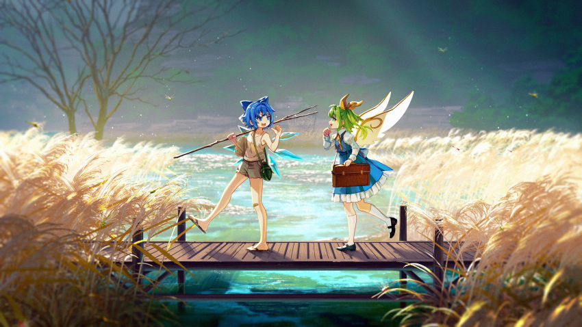 2girls, bag, banjie, bare_tree, blue_eyes, blue_hair, bow, bridge