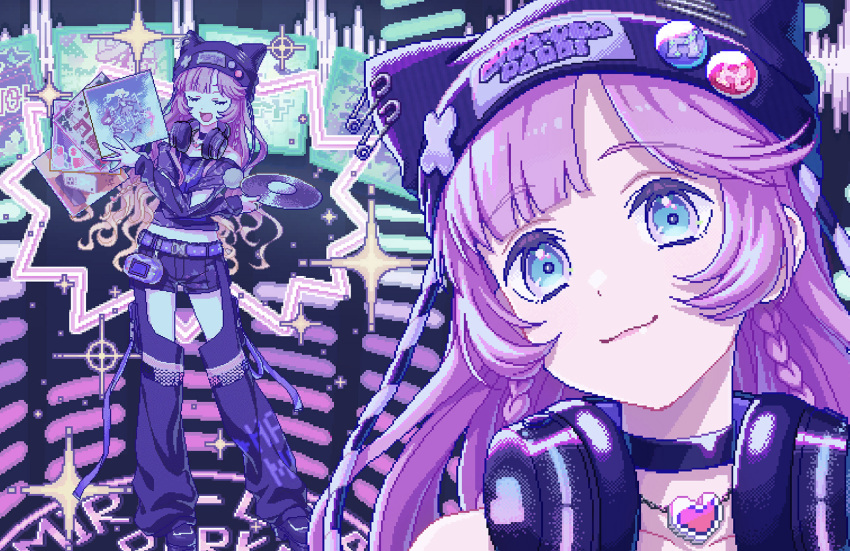 1girl, :3, animal_hat, anyoji_hime, badge, bare_shoulders, beanie, black_choker
