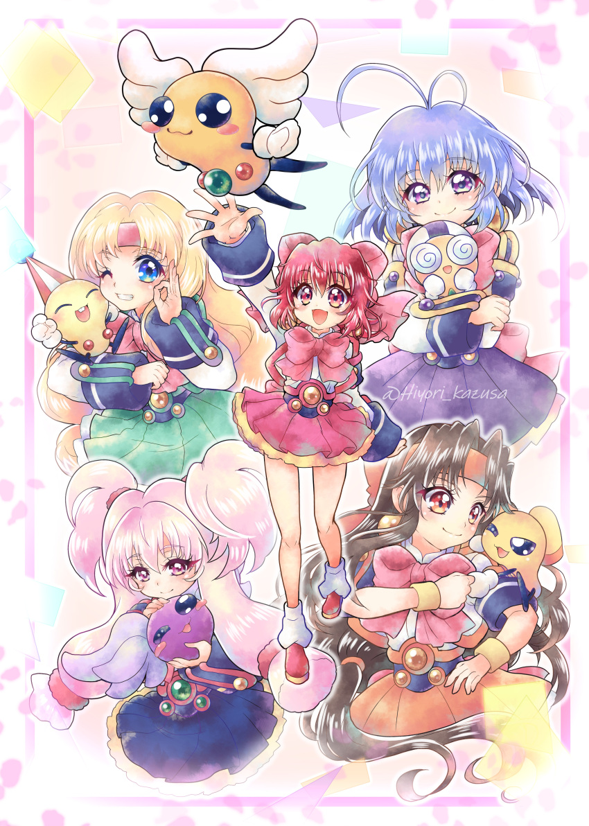 5girls, absurdres, akihabara_dennou_gumi, antenna_hair, belt, biriken_(akihabara_dennou_gumi), black_hair, blonde_hair, blue_eyes, bow, creature, densuke_(akihabara_dennou_gumi), earrings, francesca_(akihabara_dennou_gumi), hair_bow, hanakoganei_hibari, headband, higashijuujou_tsugumi, highres, jewelry, kazusa_hiyori, long_hair, looking_at_viewer, low-tied_sidelocks, multiple_girls, ootorii_tsubame, open_mouth, orange_headband, otorii_tsubame, patapi_(creature), petit_ange, pink_bow, pink_headband, pleated_skirt, purple_hair, red_eyes, red_hair, sakurajosui_suzume, school_uniform, sengakuji_kamome, short_hair, sidelocks, skirt, smile, sphere_earrings, tetsurou_(akihabara_dennou_gumi), twintails, violet_eyes