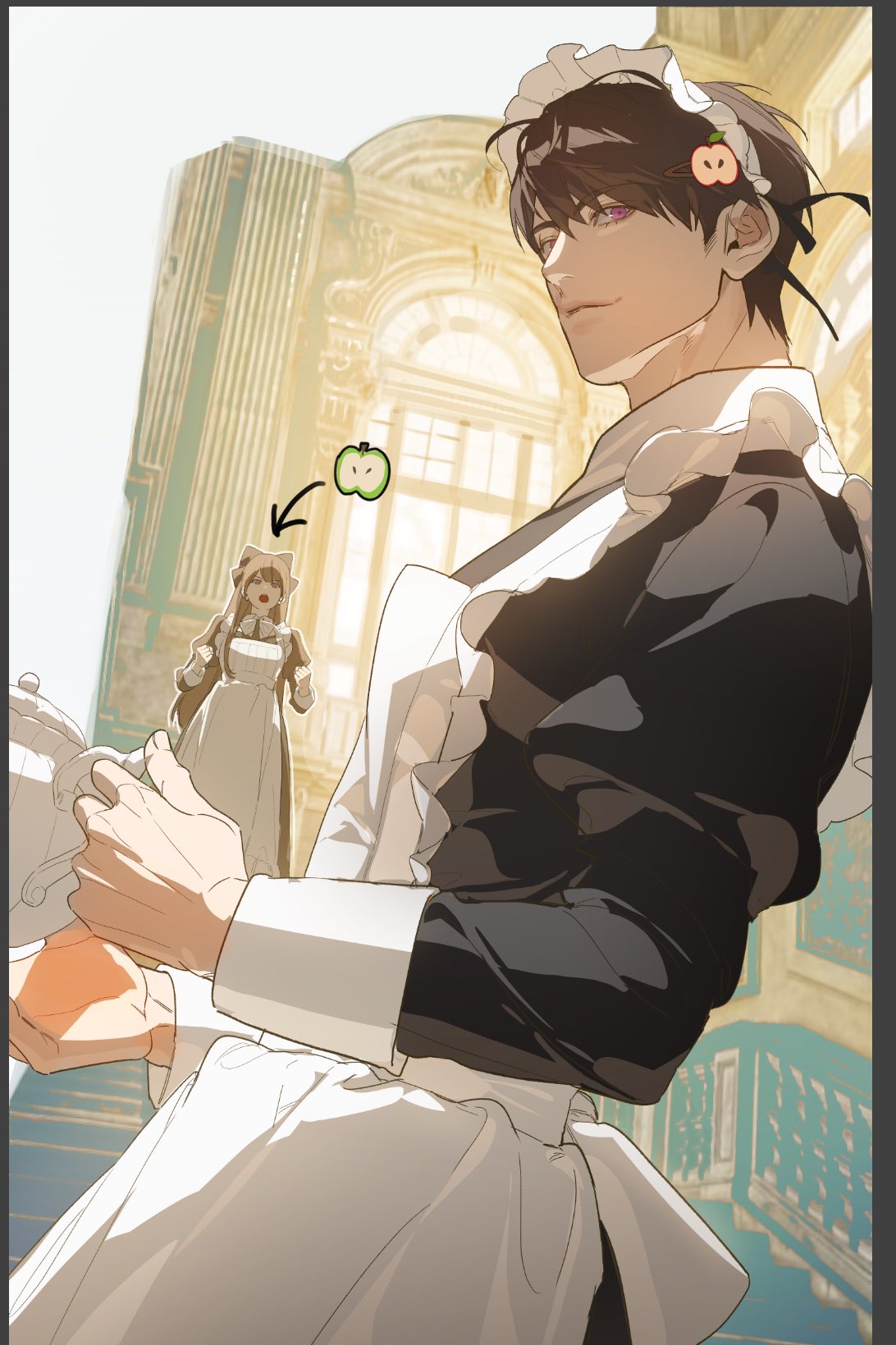 1boy, 1girl, apple, apple_hair_ornament, apron, beyondthespace, black_dress, black_hair, brown_eyes, brown_hair, caleb_(love_and_deepspace), clenched_hands, closed_mouth, dress, food, food-themed_hair_ornament, from_side, fruit, hair_ornament, hetero, highres, holding, holding_teapot, indoors, light_smile, looking_at_viewer, love_and_deepspace, maid, maid_apron, maid_headdress, open_mouth, pink_eyes, protagonist_(love_and_deepspace), short_hair, sideways_glance, teapot, white_apron