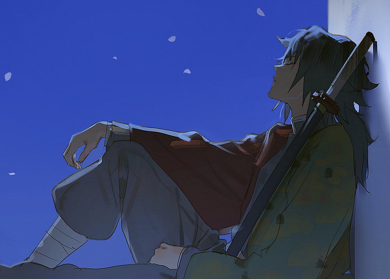 1boy, gy0zax2, holding, holding_sheath, holding_weapon, japanese_clothes, katana, kimetsu_no_yaiba