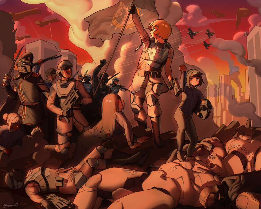3others, 4boys, 4girls, absurdres, ar-23_liberator, armor, assault_rifle, bandaged_arm