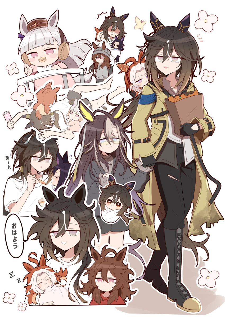 6+girls, ahoge, alternate_costume, animal_ears, baby, black_hair, brown_hair, carrying