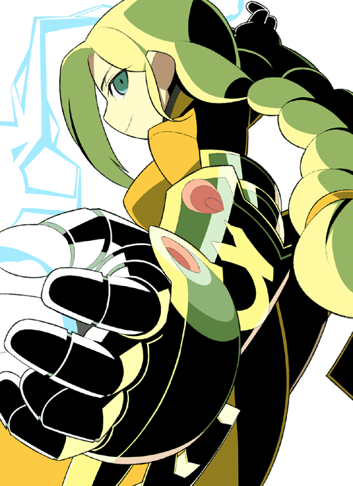 1girl, alchemist_(sekaiju), alchemist_4_(sekaiju), alchemy, anime_coloring, aqua_eyes, archived_source, arm_armor, blonde_hair, braid, braided_ponytail, closed_mouth, coat, electricity, foreshortening, gauntlets, hair_tie, itsumo_nokoru, long_hair, looking_at_viewer, low-braided_long_hair, low-tied_long_hair, magic, profile, sekaiju_no_meikyuu, sekaiju_no_meikyuu_1, simple_background, single_braid, smile, solo, vambraces, white_background, yellow_coat, yellow_sleeves, yellow_theme