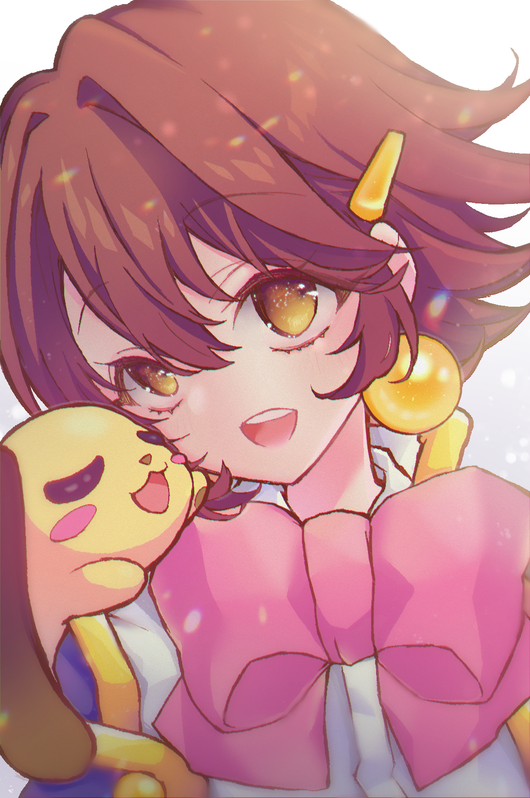 1girl, akihabara_dennou_gumi, bow, brown_hair, commentary, earrings, enoken_(akihabara_dennou_gumi), glucose90p