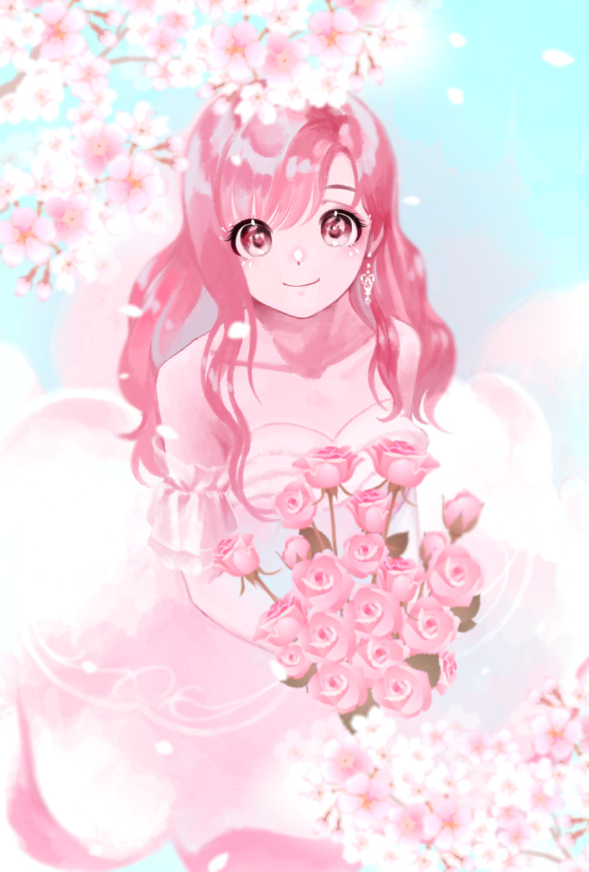 1_hcs, 1girl, bare_shoulders, blossoming_impression_(shining_nikki), blue_sky, bouquet, brown_eyes, cherry_blossoms, closed_mouth, collarbone, detached_sleeves, dot_nose, dress, earrings, eyelash_ornament, eyelashes, eyeshadow, flower, flower_dress, frilled_sleeves, frills, from_above, full_body, gloves, gown, happy, heart, heart_earrings, highres, holding, holding_bouquet, jewelry, long_hair, long_sidelocks, makeup, nikki_(nikki), nikki_(series), one-hour_drawing_challenge, petals, pink_dress, pink_eyeshadow, pink_flower, pink_hair, pink_rose, pink_sleeves, rose, shining_nikki, short_sleeves, sidelocks, sky, smile, solo, standing, strapless, strapless_dress, tareme, wavy_hair, white_gloves