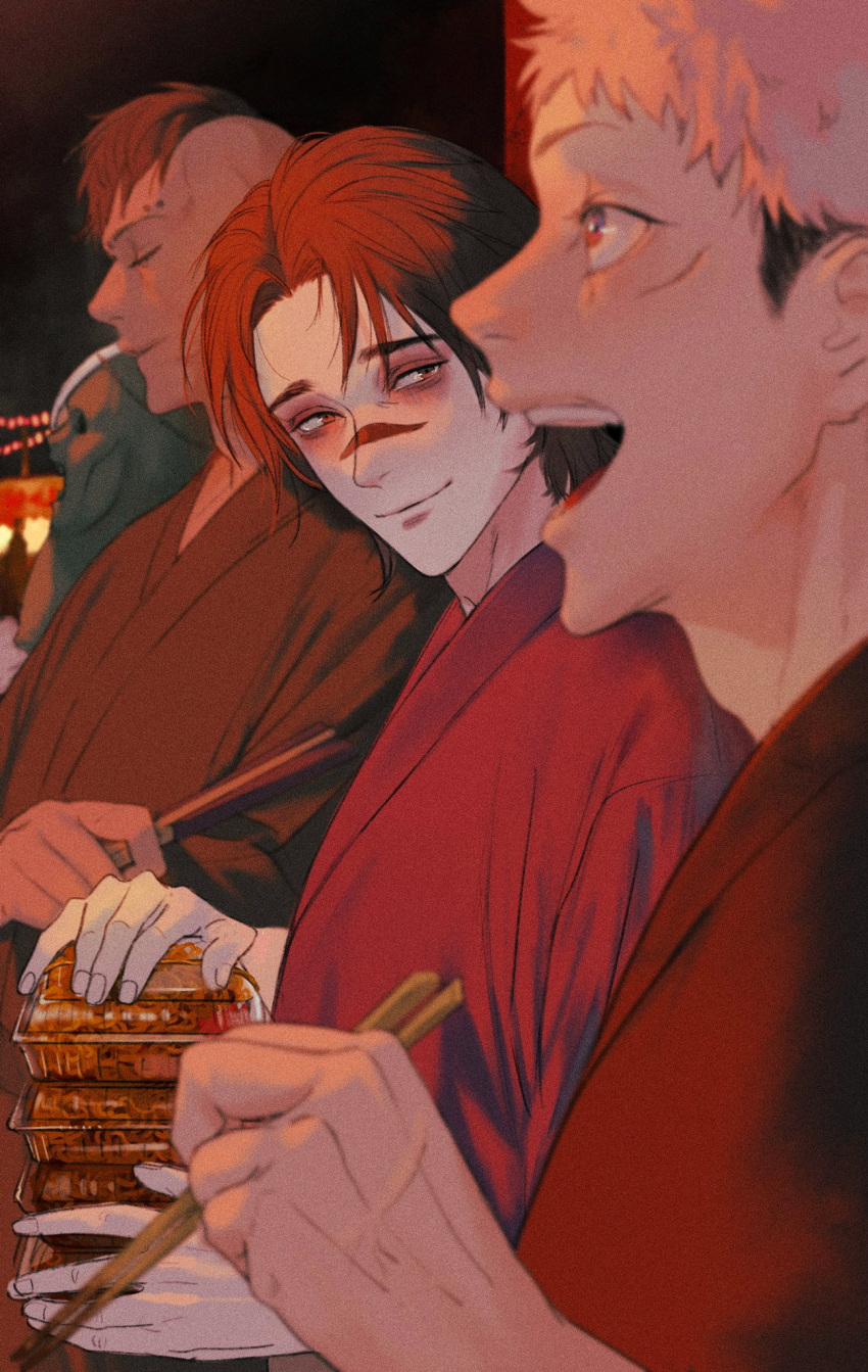 4boys, bags_under_eyes, black_hair, brothers, brown_eyes, brown_hair, chopsticks, choso_(jujutsu_kaisen)