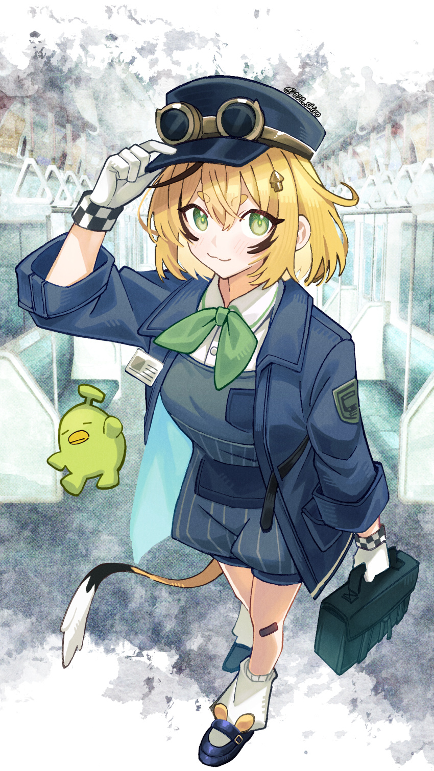 021_shiro, 1girl, absurdres, ahoge, black_hair, blonde_hair, blue_overalls, checkered_wristband