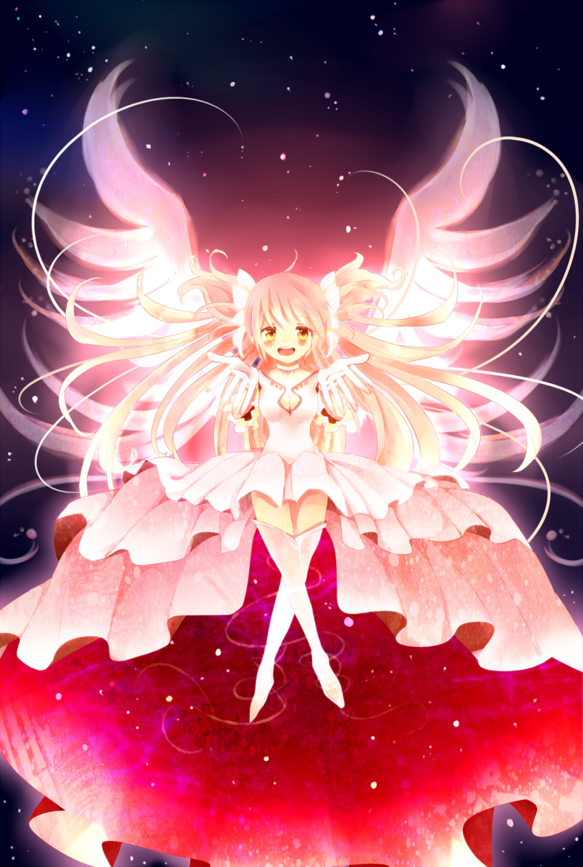 alternate_costume, alternate_hairstyle, bad_id, bow, gloves, goddess_madoka, hair_bow, highres
