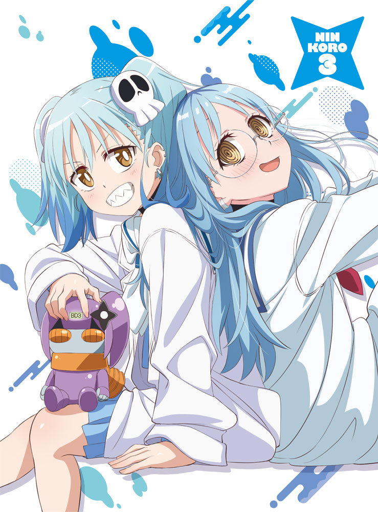 2girls, @_@, arm_support, back-to-back, blue_hair, blue_skirt, blush, bright_pupils