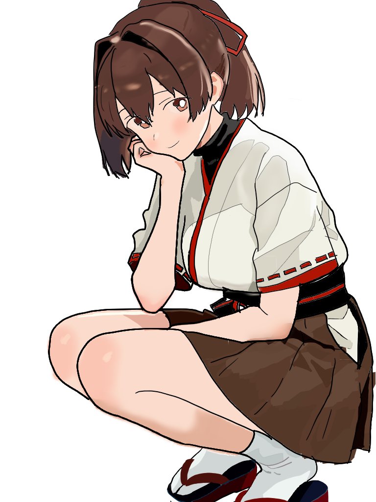 1girl, brown_eyes, brown_hair, brown_hakama, brown_skirt, commentary_request, hair_ribbon, hakama