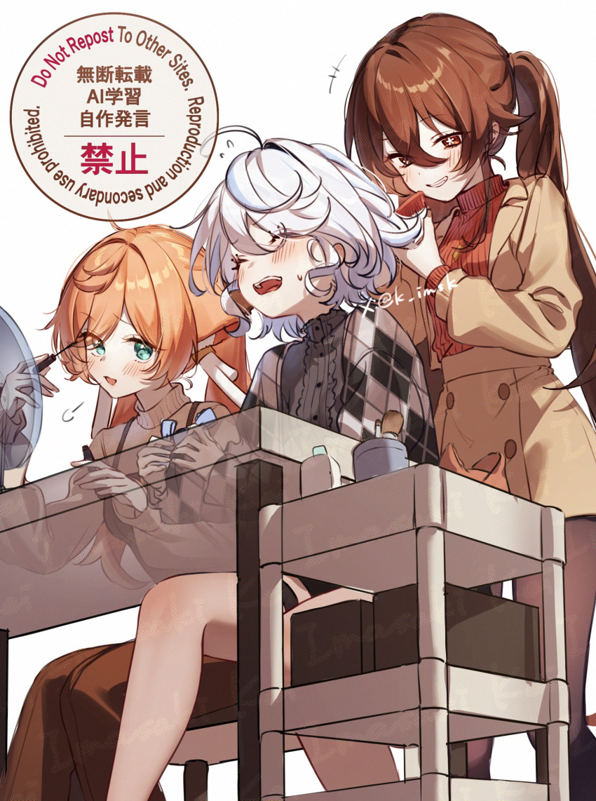 3girls, ahoge, alternate_costume, antlers, applying_makeup, applying_own_makeup, aqua_eyes, blue_shirt