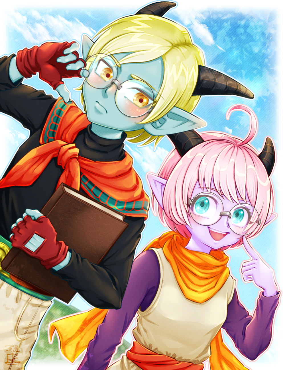 1boy, 1girl, :d, ahoge, aqua_eyes, aqua_skin, belt, bespectacled