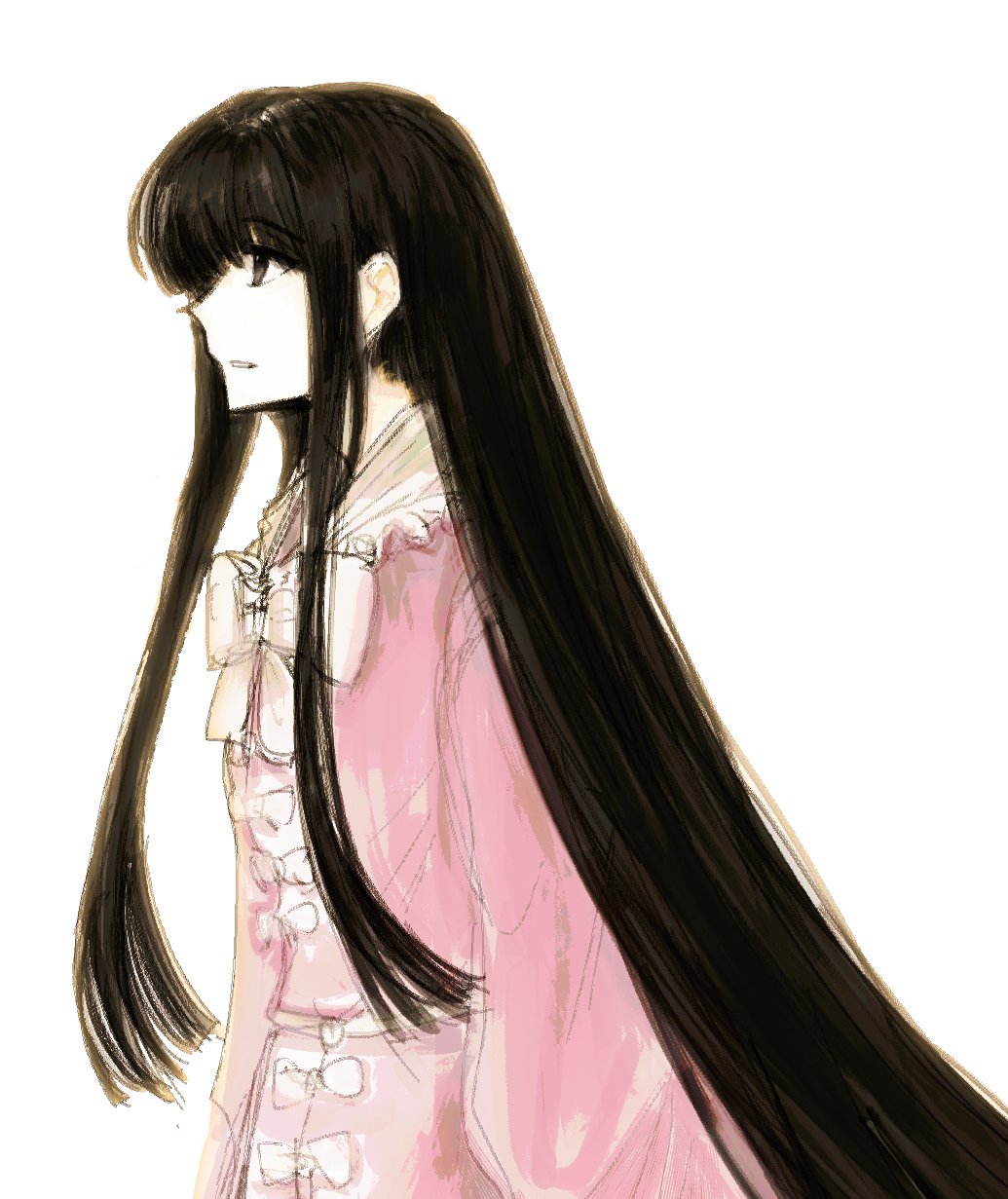 1girl, black_eyes, black_hair, bow, bowtie, dress, earth_move1123, from_side