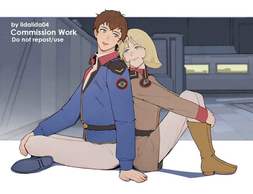 1boy, 1girl, amuro_ray, belt, blonde_hair, blue_eyes, breasts, brown_hair