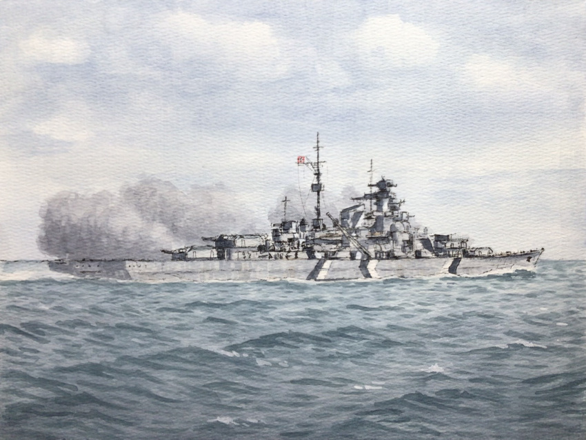 atelier_bono, battleship, bismarck_(battleship), cannon, clouds, cloudy_sky, commentary_request, firing