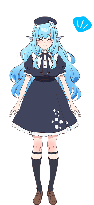 1girl, ^_^, anime_coloring, beret, black_socks, blue_dress, blue_hair, blue_hat