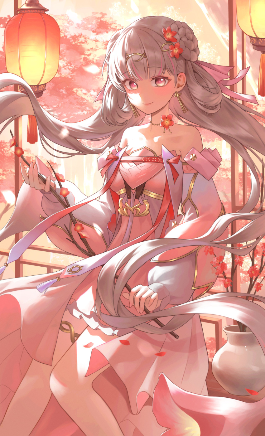 1girl, absurdres, architecture, bare_shoulders, branch, chinese_clothes, closed_mouth, commentary