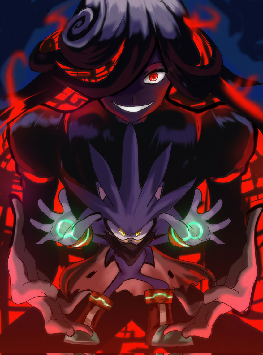 1boy, 1girl, alternate_design, aura, boots, cloak, evil_grin, evil_smile