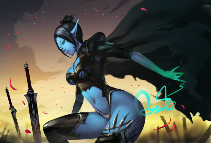 battlefield, black_hair, blue_skin, breasts, cape, cloud, clouds, dark_elf