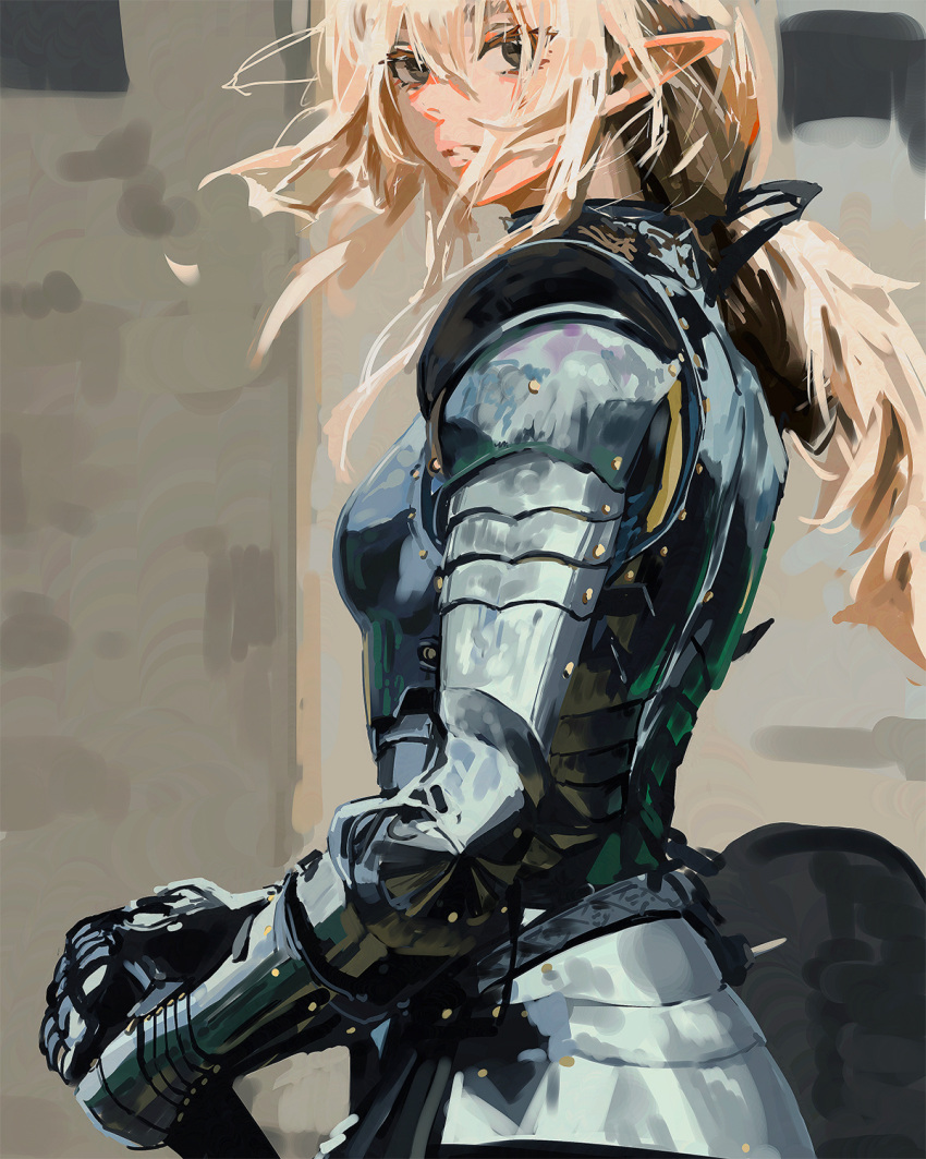 1girl, armor, blonde_hair, breastplate, brown_eyes, couter, elf, from_behind, full_armor, gloves, highres, holding, knight, long_hair, looking_at_viewer, looking_back, low_ponytail, messy_hair, open_mouth, original, outdoors, pauldrons, pluvium_grandis, pointy_ears, ponytail, shoulder_armor, solo, spiked_couter, sword, weapon