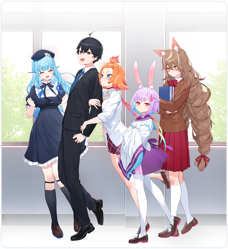 1boy, 4girls, :d, ^_^, ahoge, animal_ears, aqua_eyes, arm_hug