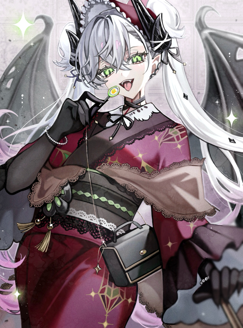1girl, black_hands, body_markings, breasts, candy, choker, colored_extremities, crossed_bangs, demon_girl, demon_horns, demon_wings, diandao_qin, ear_piercing, fate/grand_order, fate_(series), food, frilled_hairband, frills, green_eyes, grey_hair, hair_between_eyes, hairband, highres, horns, japanese_clothes, kimono, lilith_(fate), lilith_(kyomaf_2025)_(fate), lollipop, long_hair, looking_at_viewer, medium_breasts, obi, open_mouth, piercing, pointy_ears, purple_kimono, sash, smile, solo, sparkle, twintails, very_long_hair, wings