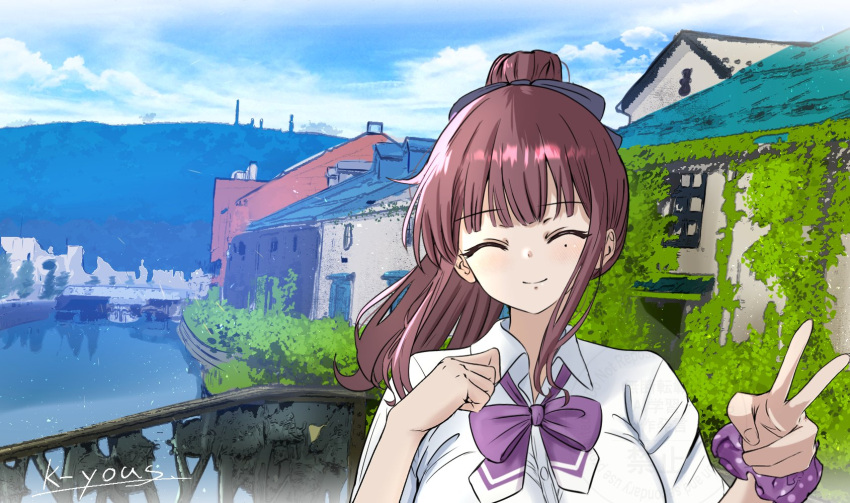 1girl, ^_^, artist_name, blue_sky, blush, bow, bowtie, breasts