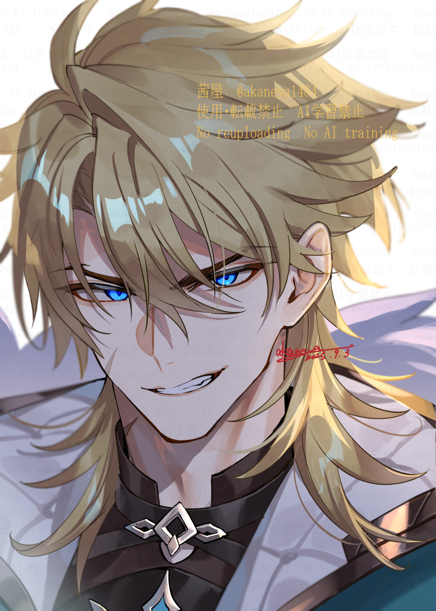 1boy, ahoge, artist_name, black_shirt, blonde_hair, blue_eyes, commentary_request, dated