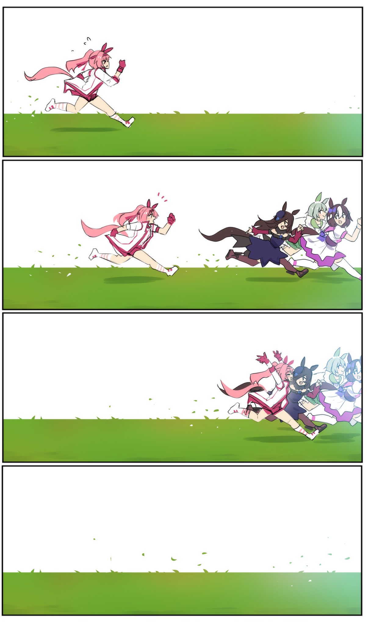 4girls, ahoge, animal_ears, black_hair, brown_hair, buruma, fingerless_gloves, gloves, grass, haru_urara_(bestest_prize)_(umamusume), haru_urara_(umamusume), highres, hinghoi, horse_ears, horse_girl, horse_tail, jacket, long_hair, multicolored_hair, multiple_girls, pink_buruma, pink_hair, ponytail, red_buruma, rice_shower_(rosy_dreams)_(umamusume), rice_shower_(umamusume), running, seiun_sky_(reeling_in_the_big_one)_(umamusume), seiun_sky_(umamusume), short_hair, special_week_(special_dreamer)_(umamusume), special_week_(umamusume), tail, umamusume, white_hair