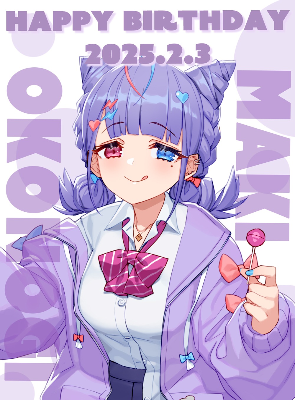 blue_bow, blue_eyes, blue_nails, blunt_bangs, blush, bow, bowtie, breasts