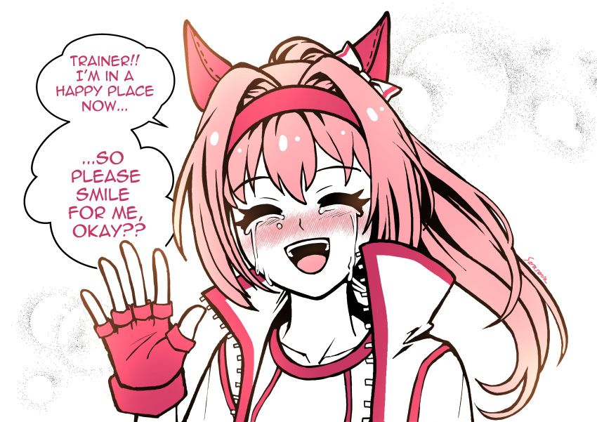 1girl, absurdres, animal_ears, closed_eyes, english_text, fingerless_gloves, gloves, haru_urara_(umamusume), headband, highres, horse_ears, horse_girl, pink_hair, ponytail, sarasenia92, tears, umamusume