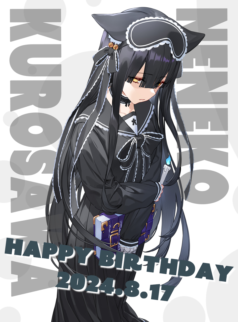 1girl, animal_ear_fluff, animal_ears, bell, black_bow, black_choker, black_hair, black_ribbon