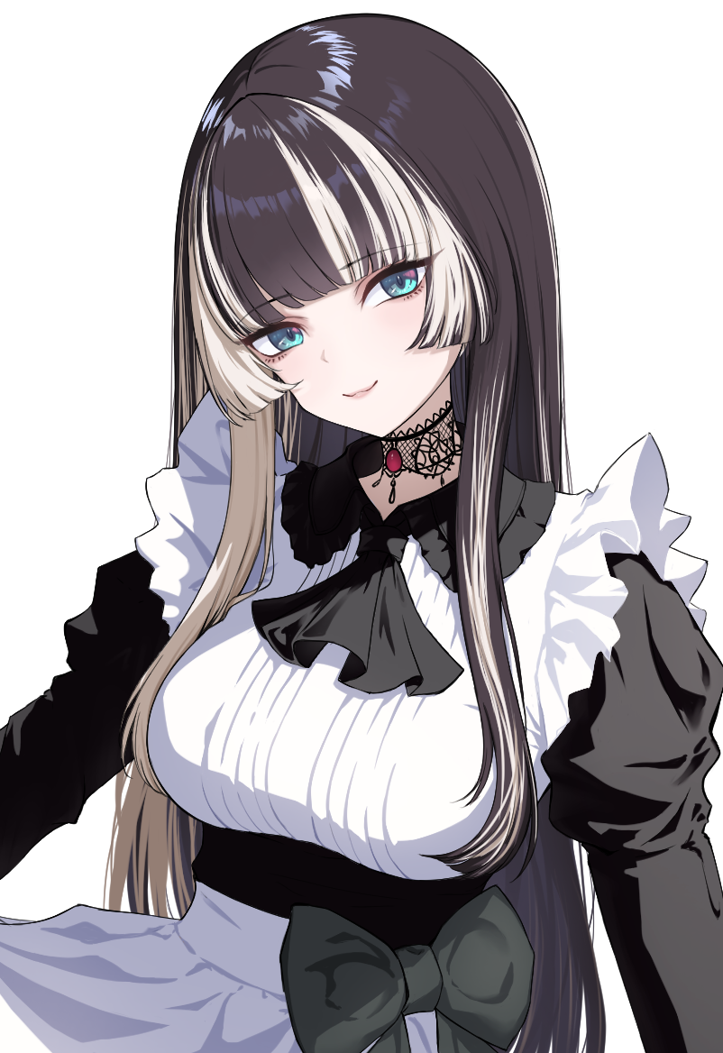 1girl, alternate_costume, apron, black_dress, black_hair, blue_eyes, blunt_bangs, bow