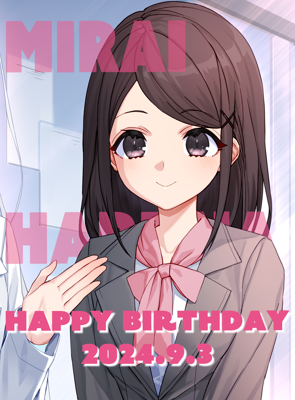 1girl, blush, breasts, brown_eyes, brown_hair, brown_jacket, character_name, closed_mouth, dated, english_text, hair_ornament, happy_birthday, haruna_mirai, highres, indoors, izumi_sai, jacket, jingai_kyoshitsu_no_ningen_girai_kyoshi, long_hair, long_sleeves, medium_breasts, official_art, pink_ribbon, ribbon, shirt, sidelocks, smile, standing, tareme, upper_body, white_shirt, x_hair_ornament
