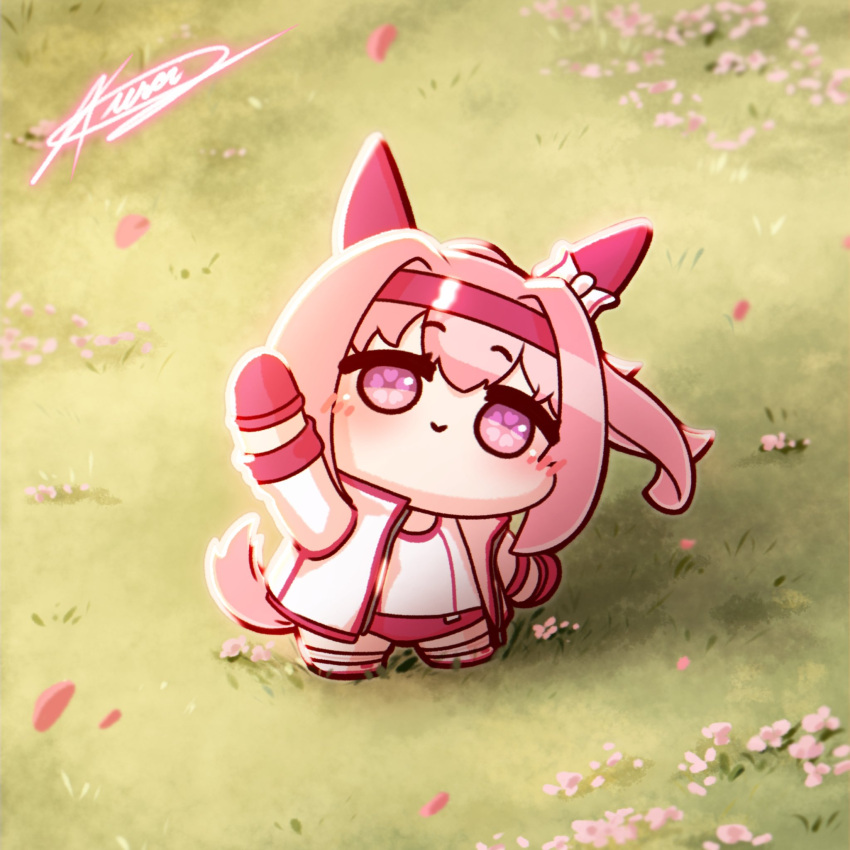 1girl, animal_ears, blush, bow, buruma, chibi, closed_mouth, ear_bow