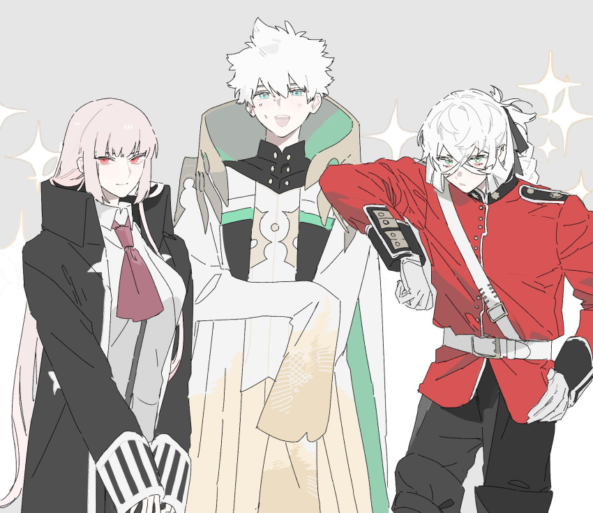 1girl, 2boys, asclepius_(fate), asclepius_(fate)_(cosplay), blue_eyes, charles-henri_sanson_(fate), charles-henri_sanson_(fate)_(cosplay), coat, cosplay, costume_switch, cowboy_shot, fate/grand_order, fate_(series), florence_nightingale_(fate), florence_nightingale_(fate)_(cosplay), gloves, green_eyes, grey_background, hair_ribbon, highres, jacket, long_hair, long_sleeves, looking_at_viewer, multiple_boys, open_mouth, pink_hair, ponytail, red_eyes, red_jacket, ribbon, shirt, short_hair, simple_background, smile, sweatdrop, tetota_tettou, white_hair