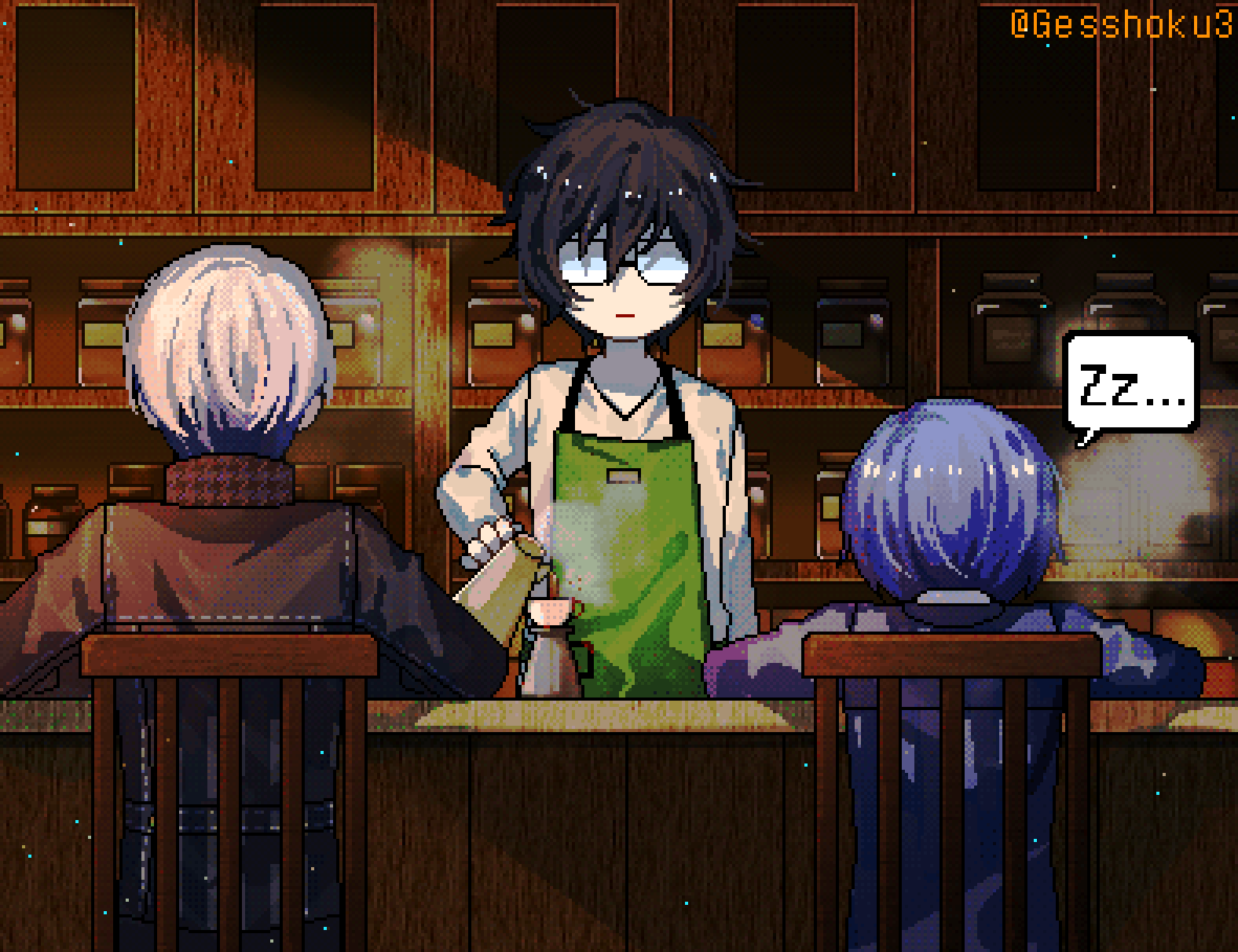 3boys, amamiya_ren, apron, arm_at_side, black_hair, black_jacket, blue_hair, blue_jacket