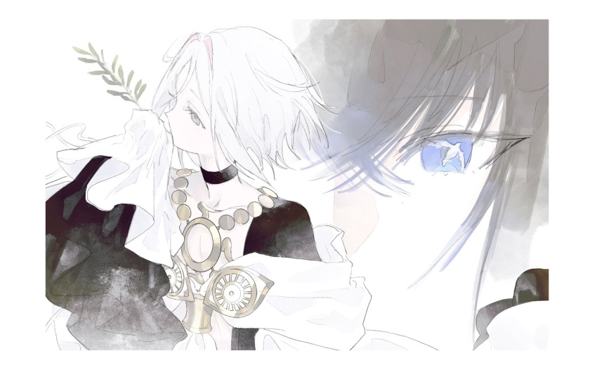 2boys, black_hair, blue_hair, branch, choker, dove_(fate), eye_reflection, fate/grand_order